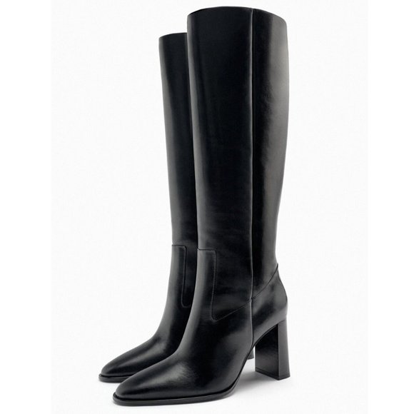 ZARA WOMAN BLACK KNEE HIGH 100% LEATHER BOOTS - Picture 1 of 7